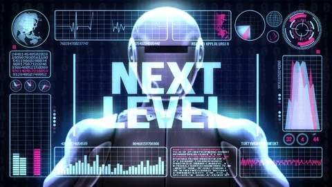 Robot includes a futuristic user interface with the word next level Stock Footage 79920871