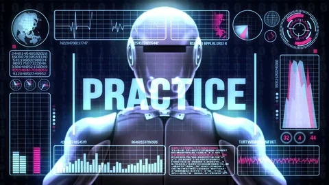 Robot includes a futuristic user interface with the word practice Stock Footage 79920873