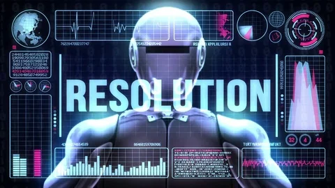 Robot includes a futuristic user interface with the word resolution Vídeo Stock 79920889