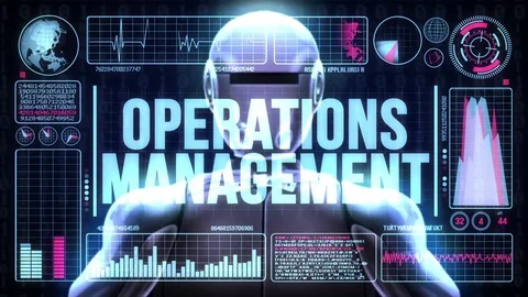 Robot includes a futuristic user interface with the word operations management Stock Footage 79920936