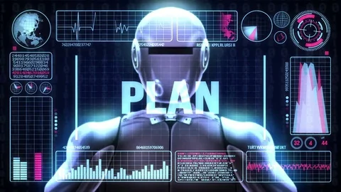 Robot includes a futuristic user interface with the word plan Stock-Footage 80179337