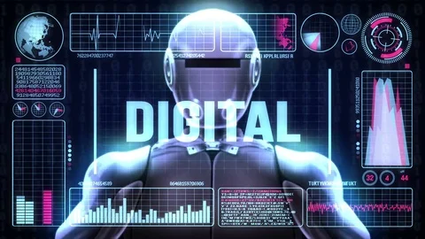 Robot includes a futuristic user interface with the word digital Stock Footage 80179342