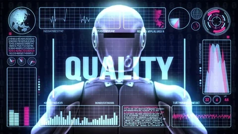 Robot includes a futuristic user interface with the word quality Stock Footage 80179344