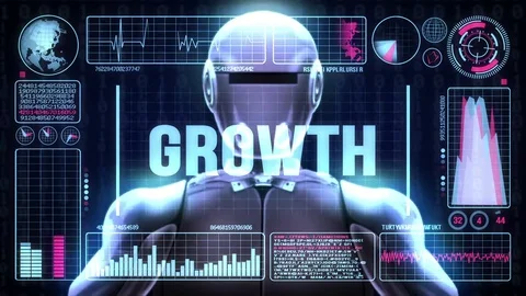 Robot includes a futuristic user interface with the word growth Video stock 80179345
