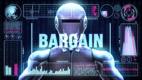 Robot includes a futuristic user interface with the word bargain Video stock 80179347