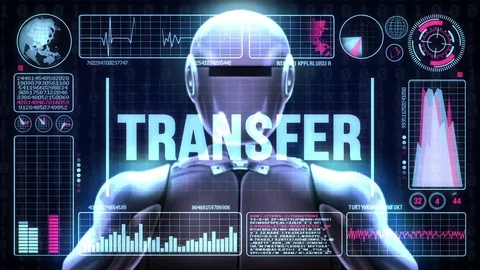 Robot includes a futuristic user interface with the word transfer Stock Footage 80179352