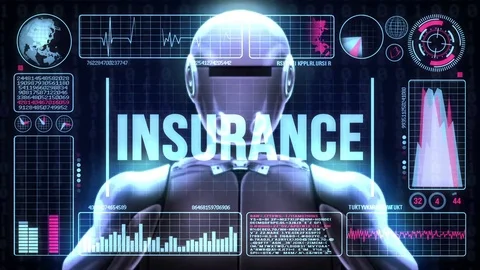 Robot includes a futuristic user interface with the word insurance Stock Footage 80179360