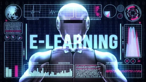 Robot includes a futuristic user interface with the word e-learning Stock Footage 80179361