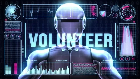 Robot includes a futuristic user interface with the word volunteer Stock Footage 80179363