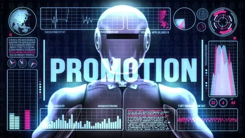 Robot includes a futuristic user interface with the word promotion Vídeo Stock 80179364