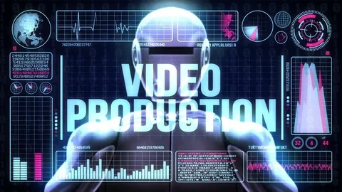 Robot includes a futuristic user interface with the word video production Stock Footage 80179365