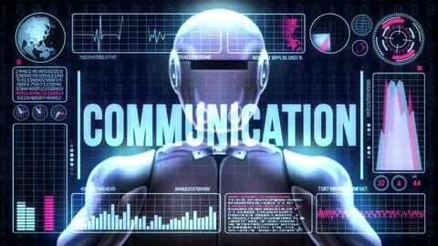 Robot includes a futuristic user interface with the word communication Vídeo Stock 80179366