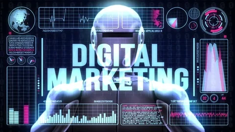 Robot includes a futuristic user interface with the word digital marketing Stock Footage 80179367