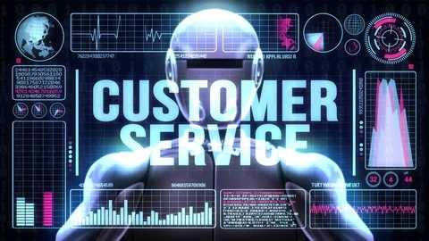 Robot includes a futuristic user interface with the word customer service Video stock 80179370