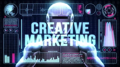 Robot includes a futuristic user interface with the word creative marketing Stock Footage 80179372