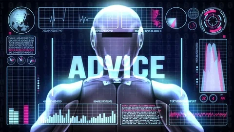 Robot includes a futuristic user interface with the word advice Stock-Footage 80678470