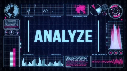 Robot includes a futuristic user interface with the word analyze Stock Footage 80678480