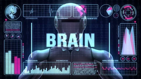 Robot includes a futuristic user interface with the word brain Video stock 80678482