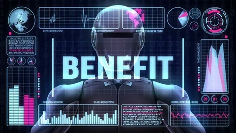 Robot includes a futuristic user interface with the word benefit Stock Footage 80678485