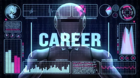 Robot includes a futuristic user interface with the word career Stock Footage 80678488