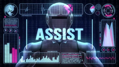 Robot includes a futuristic user interface with the word assist Stock Footage 80678490