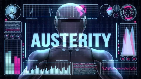 Robot includes a futuristic user interface with the word austerity Video stock 80678492