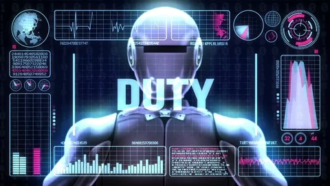 Robot includes a futuristic user interface with the word duty Stock Footage 81730063