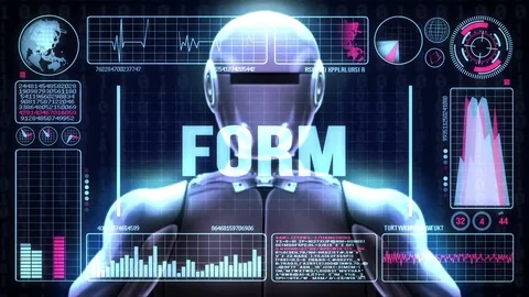 Robot includes a futuristic user interface with the word form Video stock 81730064