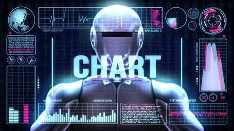 Robot includes a futuristic user interface with the word chart Video stock 81730066