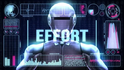 Robot includes a futuristic user interface with the word effort Stock-Footage 81730072