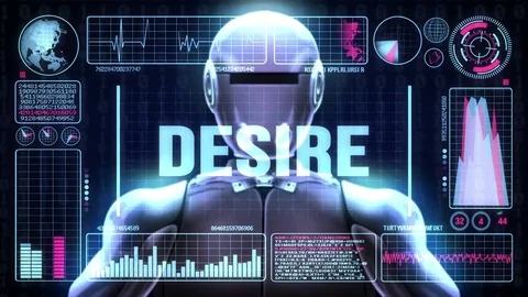 Robot includes a futuristic user interface with the word desire Stock Footage 81730075