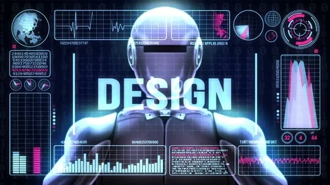 Robot includes a futuristic user interface with the word design Stock-Footage 81730080