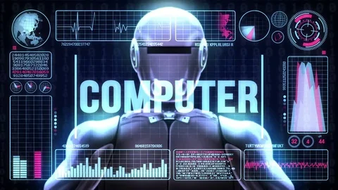 Robot includes a futuristic user interface with the word computer Stock Footage 81730086