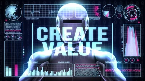 Robot includes a futuristic user interface with the word create value Stock Footage 81730090