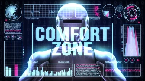 Robot includes a futuristic user interface with the word comfort zone Stock Footage 81730096