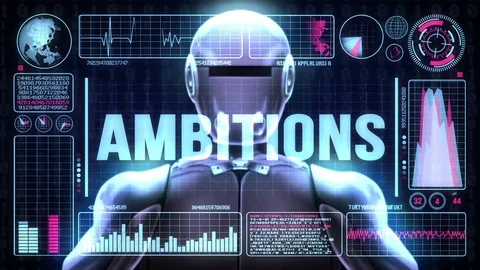 Robot includes a futuristic user interface with the word ambitions Stock Footage 81730097