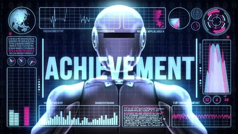 Robot includes a futuristic user interface with the word achievement Vídeo Stock 81730101