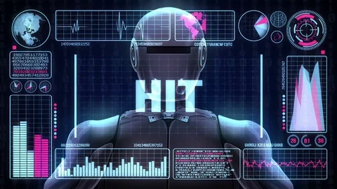 Robot includes a futuristic user interface with the word hit Stock Footage 83453036