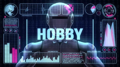 Robot includes a futuristic user interface with the word hobby Stock Footage 83453073