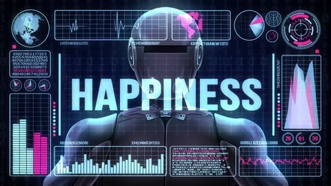 Robot includes a futuristic user interface with the word happiness Stock Footage 83453146