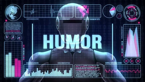 Robot includes a futuristic user interface with the word humor Video stock 83506913