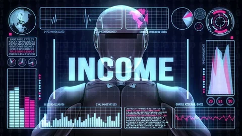 Robot includes a futuristic user interface with the word income Vídeo Stock 83506917