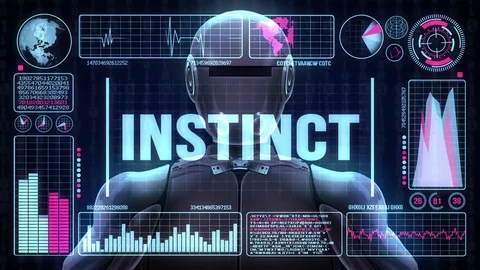 Robot includes a futuristic user interface with the word instinct Stock-Footage 83506926