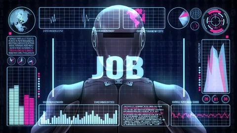 Robot includes a futuristic user interface with the word job Vídeo Stock 83914570