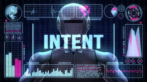 Robot includes a futuristic user interface with the word intent Video stock 83914575