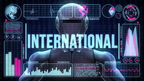 Robot includes a futuristic user interface with the word international Stock Footage 83914600