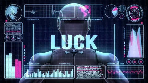 Robot includes a futuristic user interface with the word luck Stock Footage 83919768