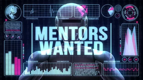 Robot includes a futuristic user interface with the word mentors wanted Video stock 83919778