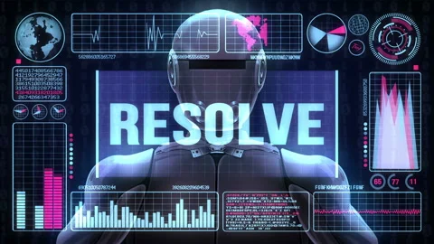 Robot includes a futuristic user interface with the word resolve Stock Footage 85849096