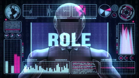 Robot includes a futuristic user interface with the word role Stock-Footage 85850127